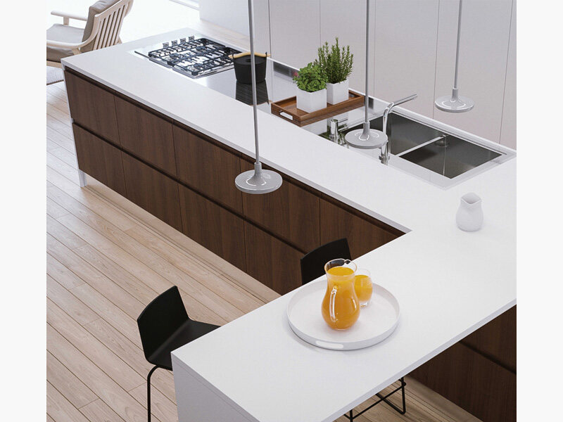 iced white quartz kitchen