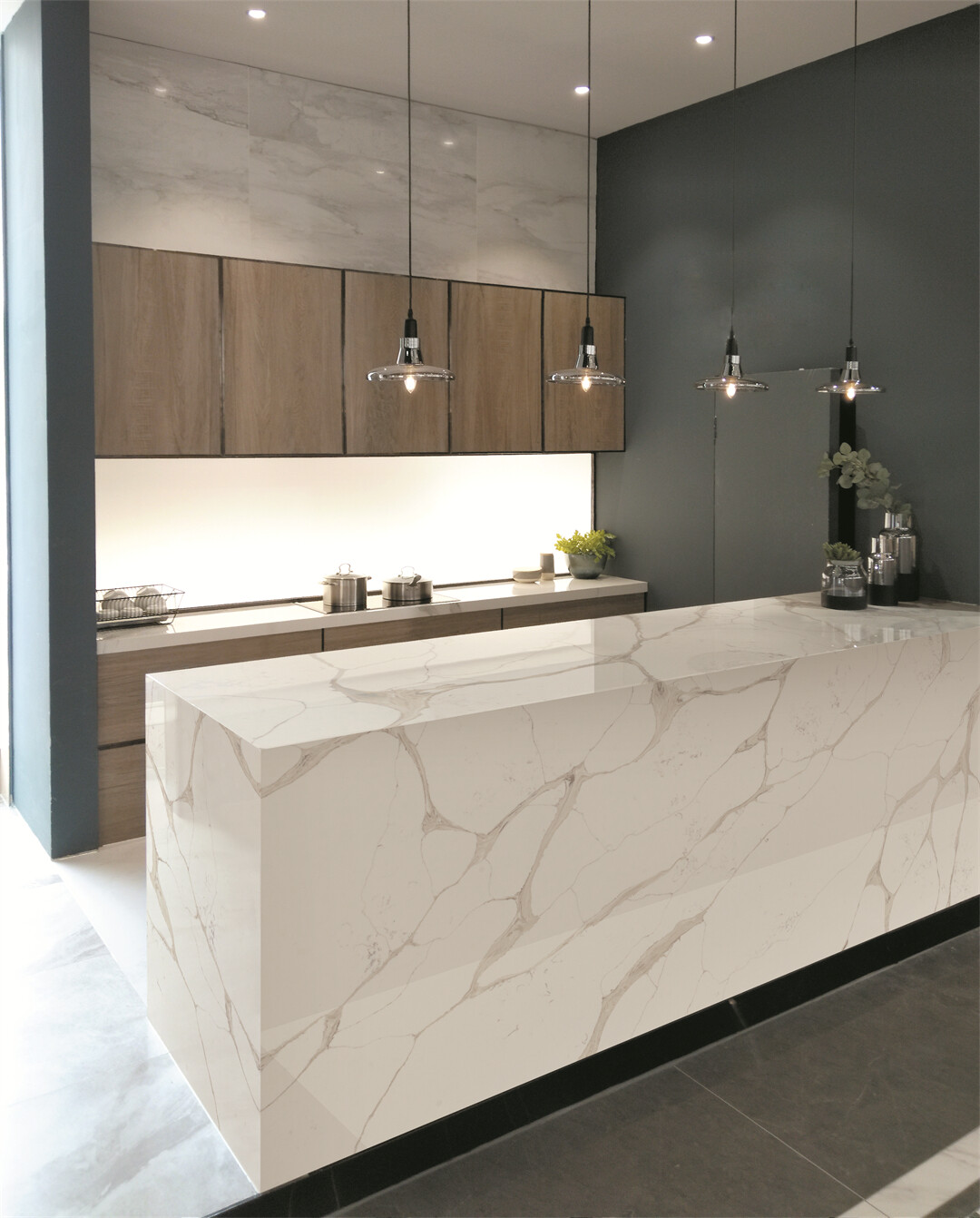 iced white quartz kitchen